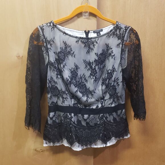 Ann Taylor Tops - Vintage Ann Taylor 3-4 sleeves, boat neckline black lace over ivory top Sz 2P